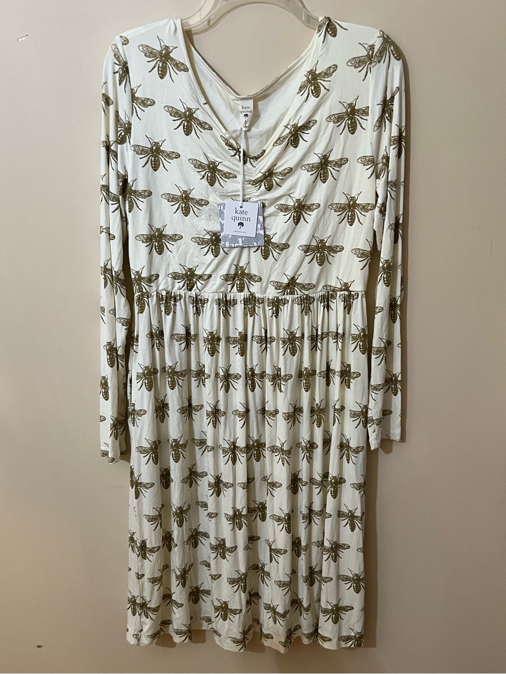 Kate Quinn Bee Print Bamboo Dress Ivory Long Sleeve Midi Pockets Teacher Size L